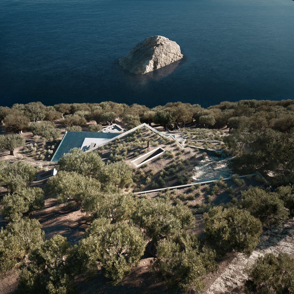 Η βίλα όπως φαίνεται από ψηλά, με βραχονησίδα της Κυραδικαίας μπροστά της.