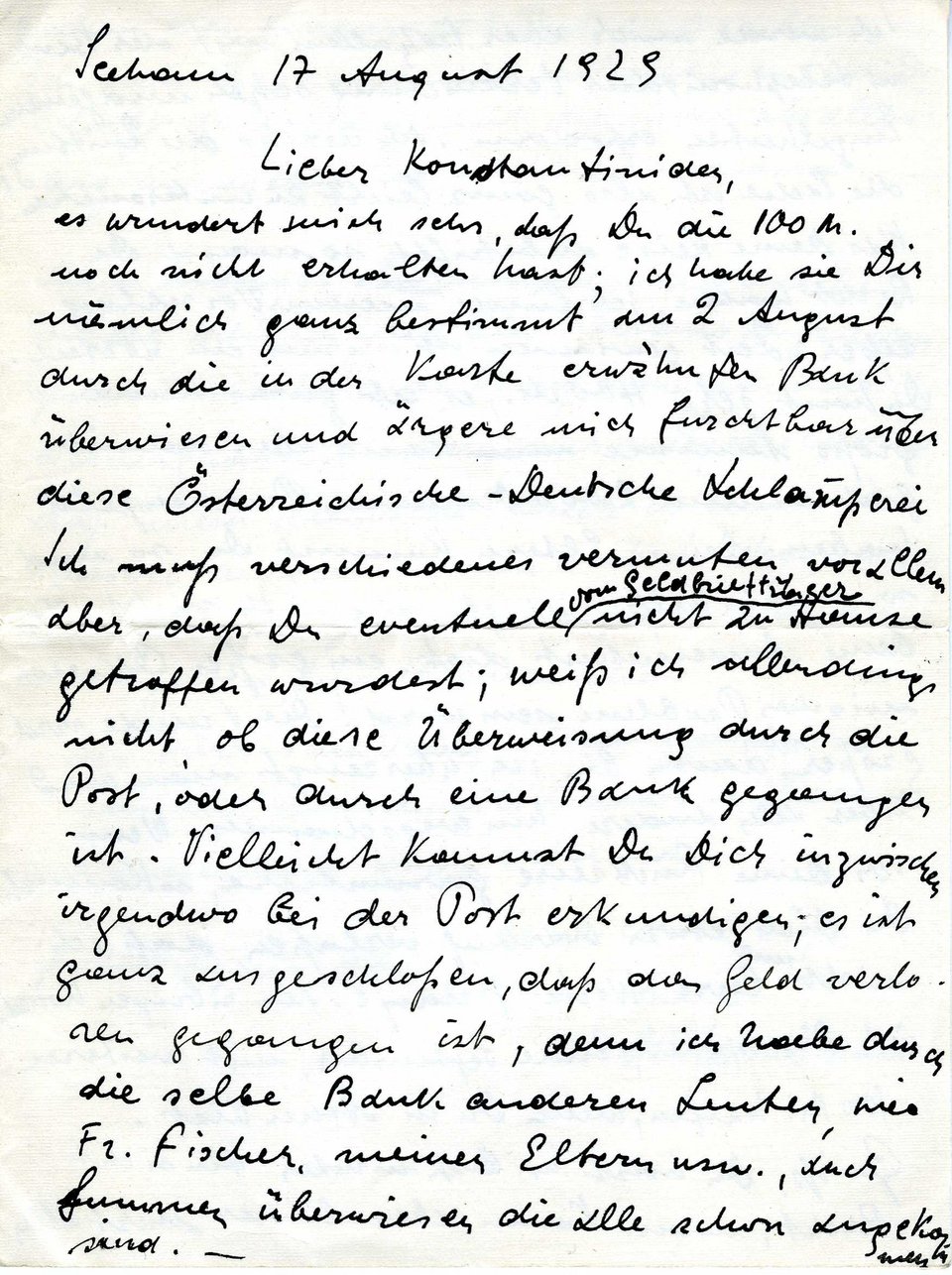 Επιστολή του Νίκου Σκαλκώτα στον Γιάννη Κωνσταντινίδη, 17/8/1929. Δωρεά Λάμπρου Λιάβα, Μουσείο Μπενάκη / Πινακοθήκη Γκίκα