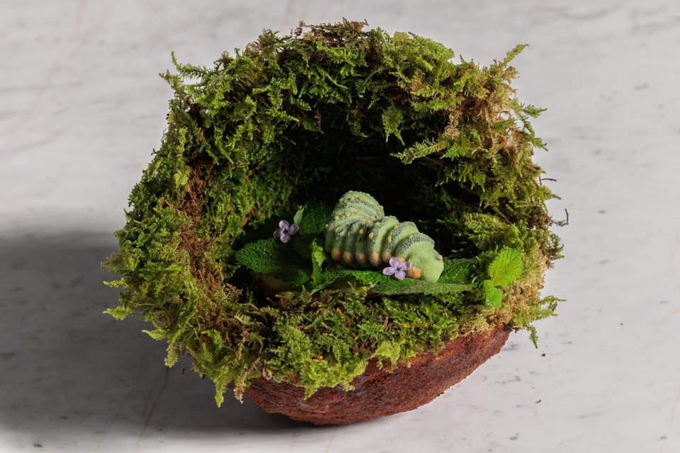 Πράσινη κάμπια από παγωμένα φύλλα νεραντζιάς και έλατο στο Delta Restaurant / Φωτογραφία: @Zak Viemon