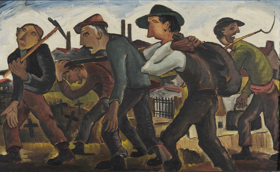 Γιώργος Σικελιώτης (1917-1984) Εργάτες- Επιστροφή 1935-1940 λάδι σε μουσαμά 41x66εκ.Συλλογή Εθνικής Πινακοθήκης-Μουσείο Αλεξάνδρου Σούτσου