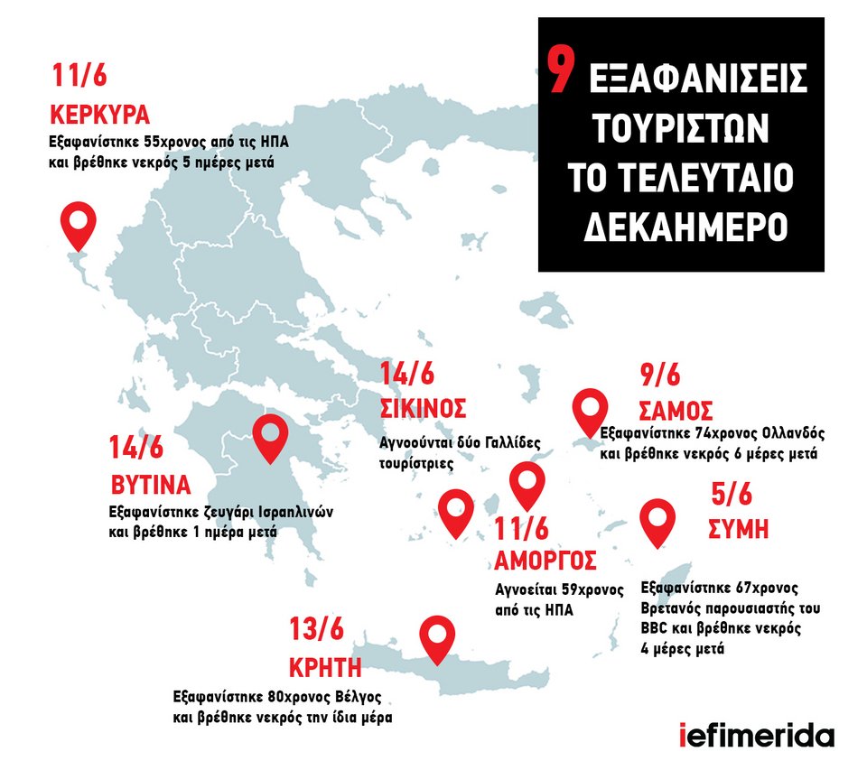 Ο χάρτης με τις 9 εξαφανίσεις τουριστών μέσα σε 10 ημέρες στη χώρα μας / iefimerida.gr