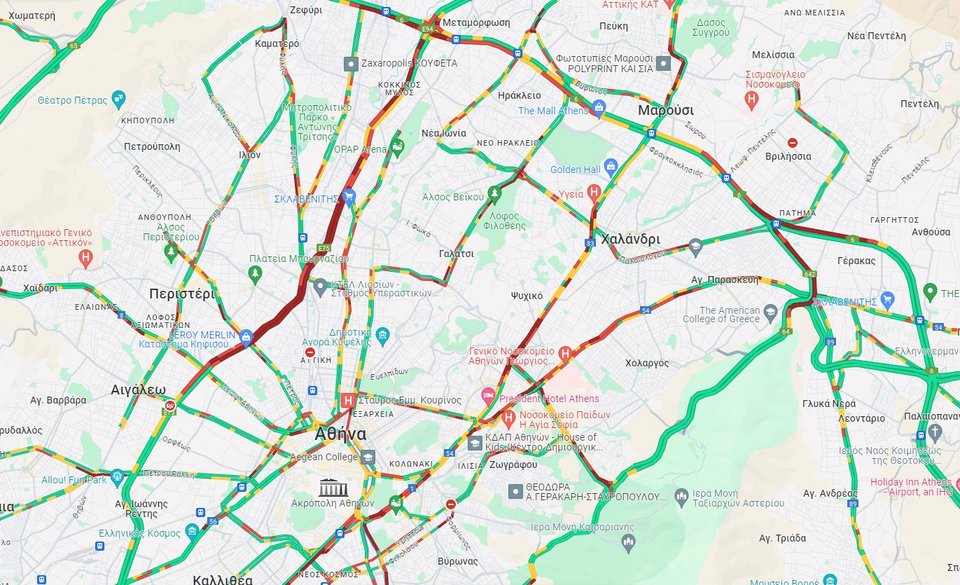 Η κίνηση στους δρόμους της Αττικής στις 8:40 το πρωί της Δευτέρας