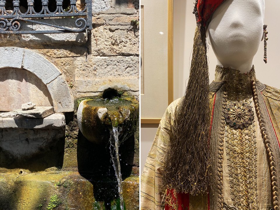 Αριστερά: Πηγή στην κάτω πλατεία του χωριού Χρισσό. Δεξιά: Παραδοσιακή ελληνική φορεσιά στο «Εθνολογικό &amp; Λαογραφικό Μουσείο Χρισσού, Συλλογή Ηλία Ε. Δαραδήμου» / Φωτογραφίες: Μάνος Λειβαδάρος/iefimerida
