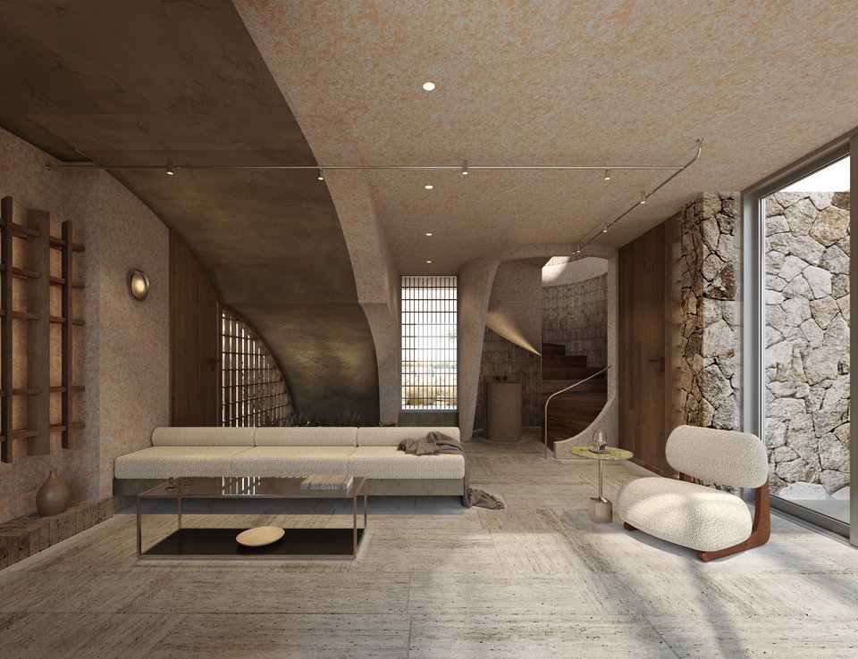 Ο χώρος του καθιστικού και στο βάθος η ανοιχτή σκάλα