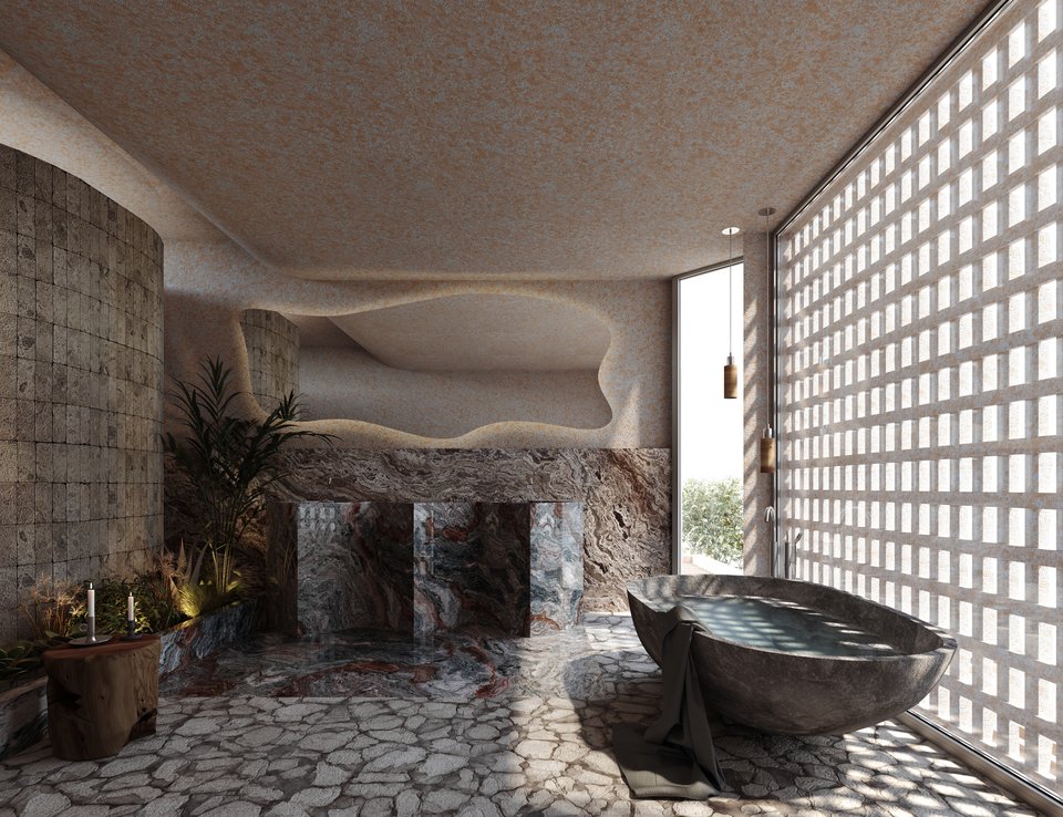 Στο μπάνιο ένα mix & match διαφορετικών υλικών δημιουργεί ένα έντονο οπτικό παιχνίδι