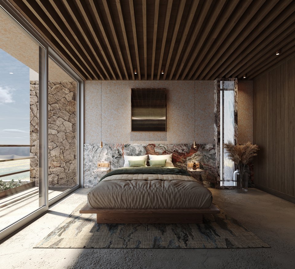 Στο υπνοδωμάτιο, το μάρμαρο Salome από την Τουρκία είναι το μοναδικό στολίδι στον μίνιμαλ σχεδιασμό