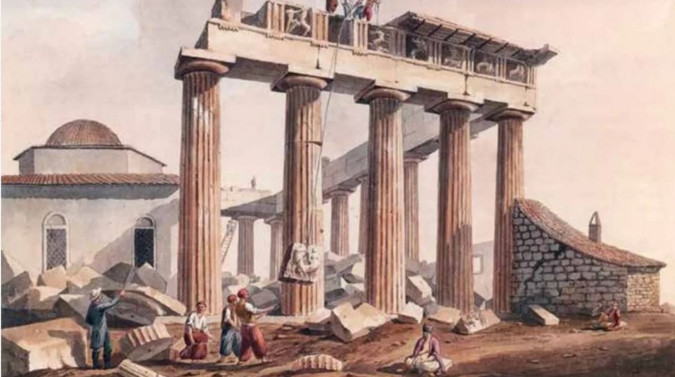 Η αφαίρεση των αρχιτεκτονικών γλυπτών του Παρθενώνα -εδώ των μετόπων της νοτιοανατολικής πλευράς του ναού- από τα συνεργεία του Έλγιν / E. Dodwell 1801-1805. © The Packard Humanities Institute Los Angeles PHI 269.  Aπό το βιβλίο του Νίκου Σταμπολίδη «Ο Παρθενώνας και ο Βύρωνας». 