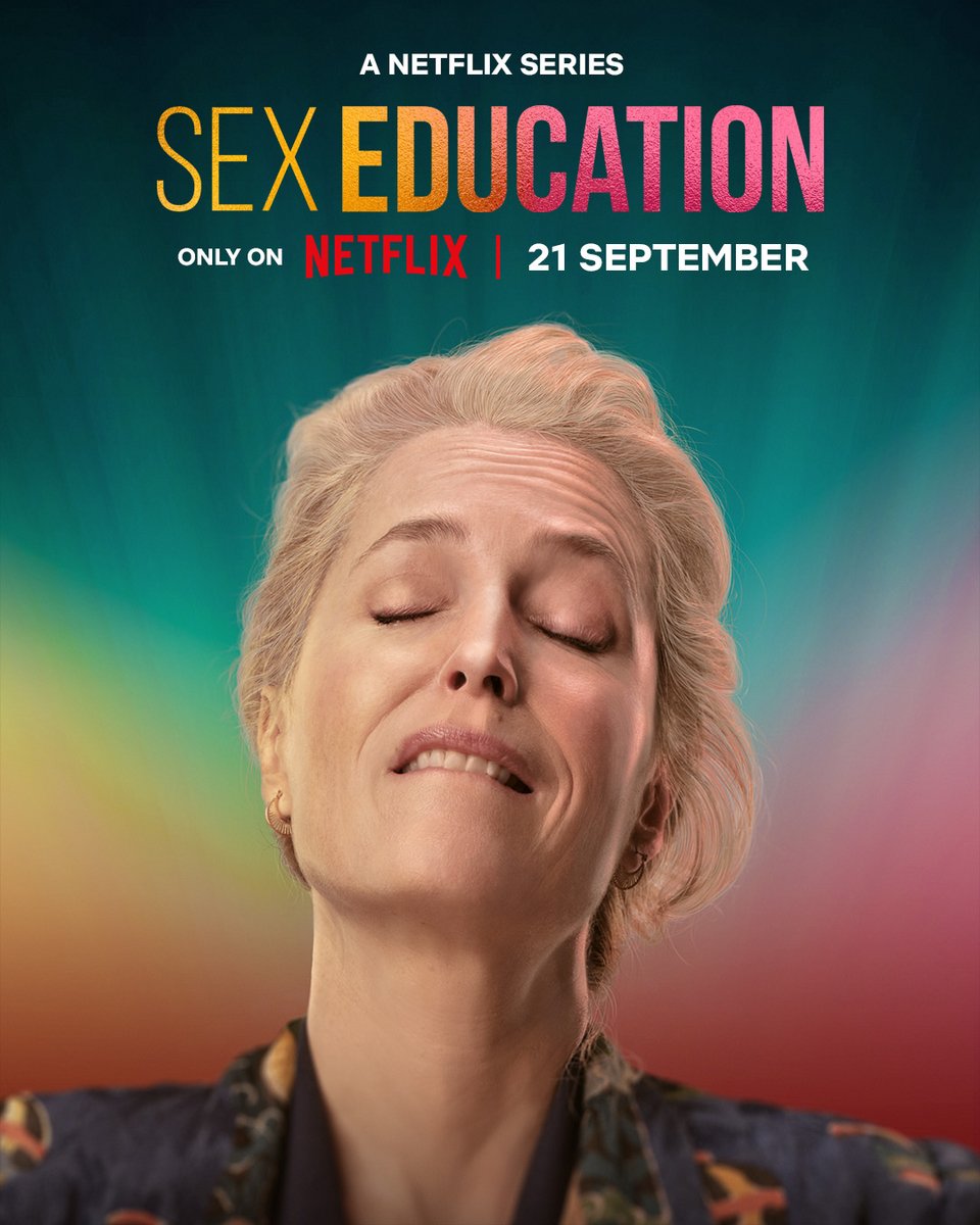 To poster της σειράς Sex Education όπου η Τζίλιαν Άντερσον υποδύεται τη σεξοθεραπεύτρια Δρ. Τζιν Μιλμπερν.