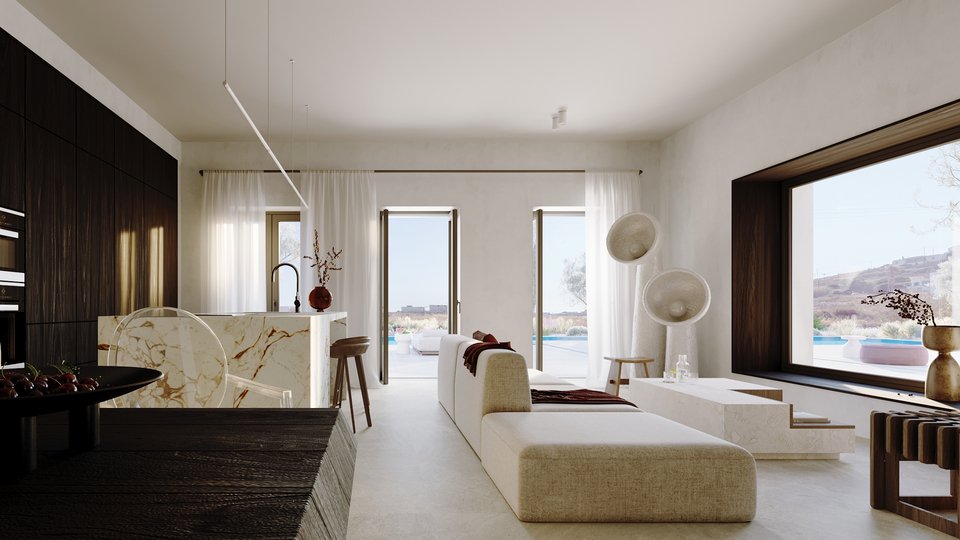 Κουζίνα και καθιστικό σε έναν ενιαίο φωτεινό χώρο μπροστά από την πισίνα