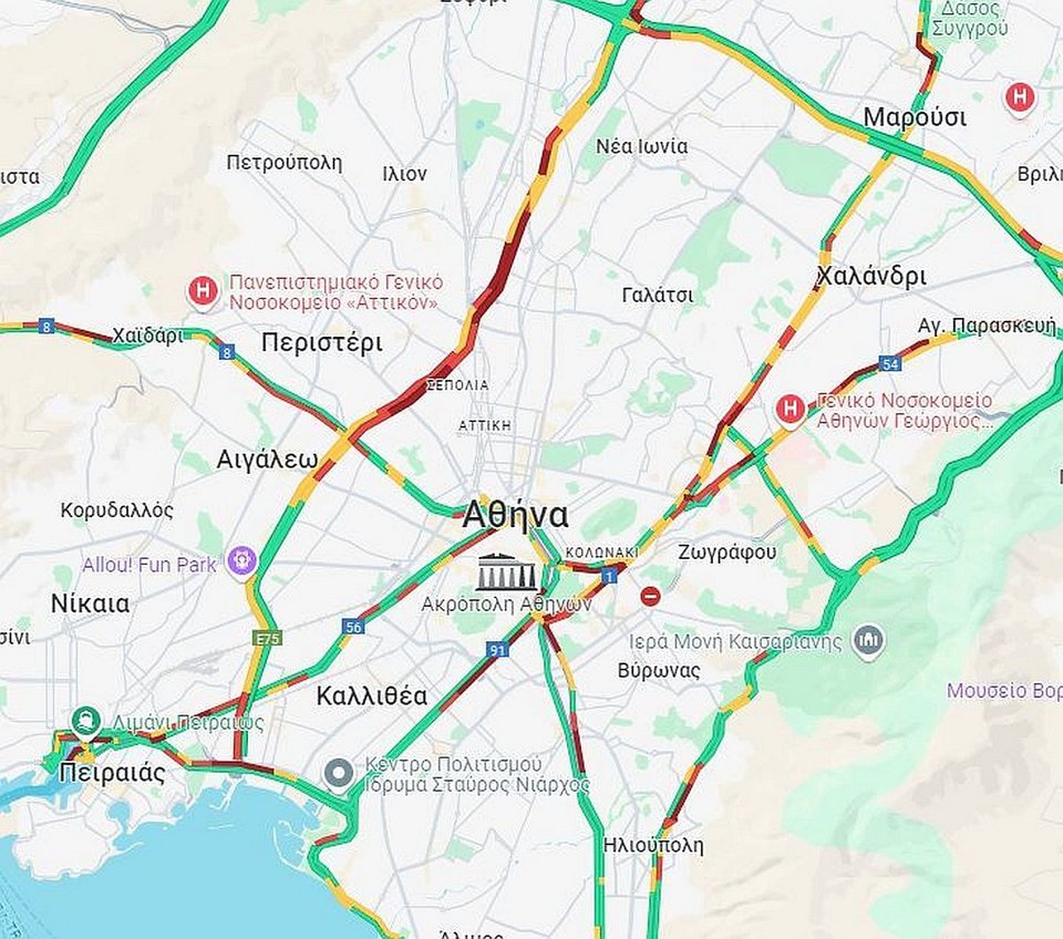 Η κίνηση στους δρόμους της Αττικής στις 8:30 το πρωί της Τρίτης