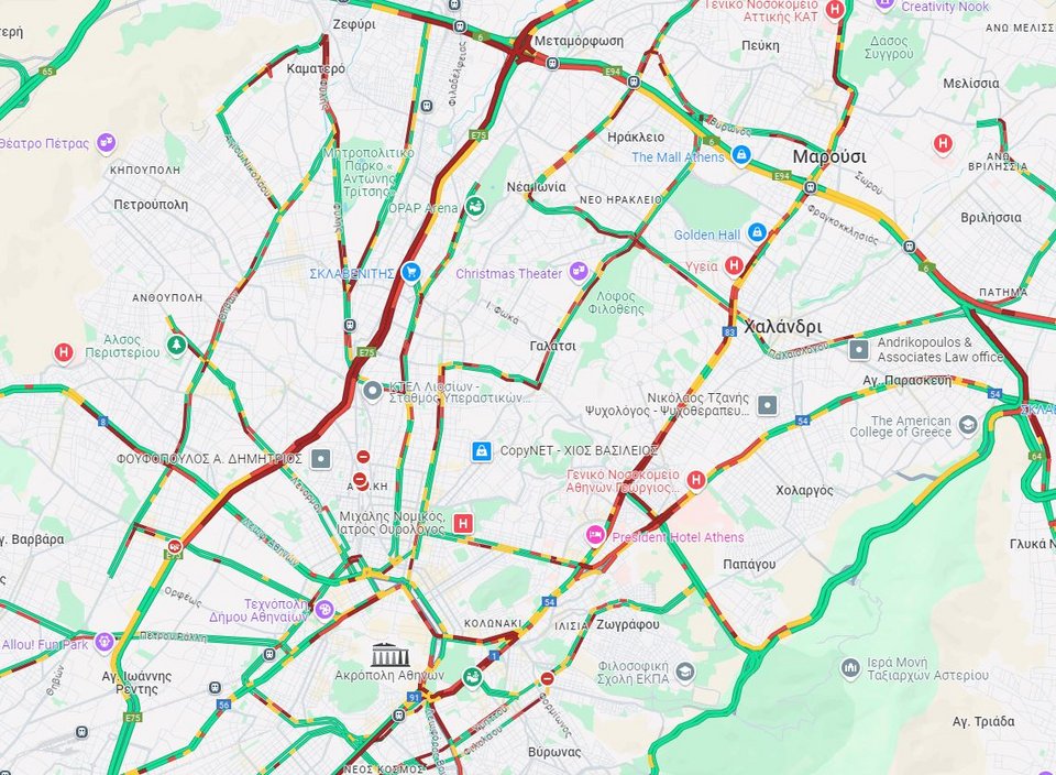 Η κίνηση στους δρόμους της Αττικής στις 8:45 / googlemaps