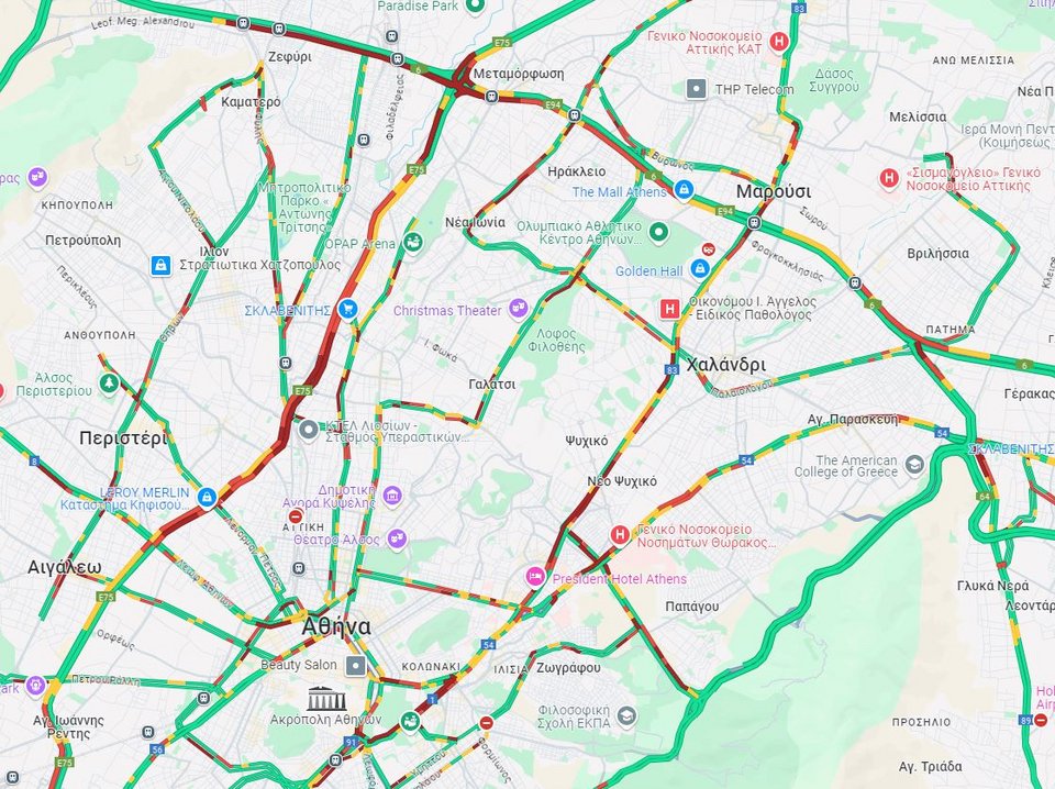 Η κίνηση στους δρόμους της Αττικής στις 8:50 / Google Maps