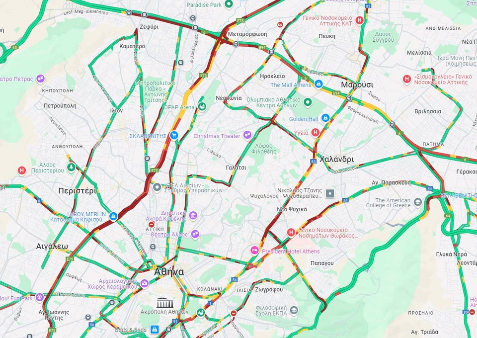 Η κίνηση στους δρόμους της Αττική στις 8:55 το πρωί / google maps