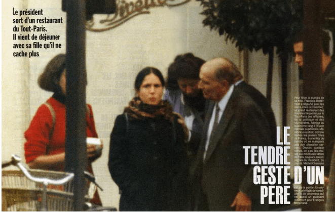 Από δημοσίευμα του Paris Match -«Η τρυφερή χειρονομία ενός πατέρα» -Φρανσουά Μιτεράν και Μαζαρίν Πινζό βγαίνουν από ένα εστιατόριο, όσο ο Γάλλος πρόεδρος ήταν ακόμη εν ζωή. «Έφαγε με την κόρη του, την οποία δεν κρύβει πλέον», έγραφε το γαλλικό περιοδικό