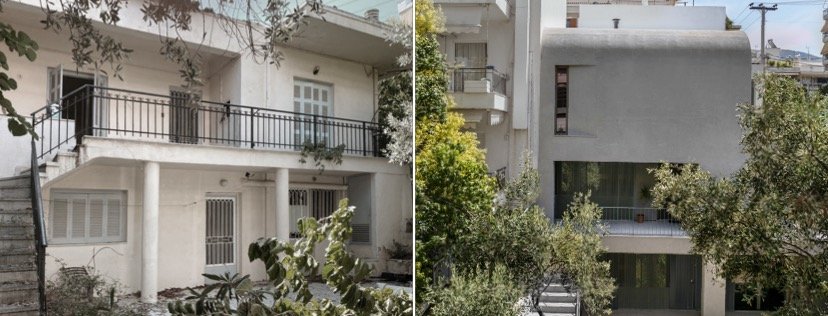 Αριστερά η παλιά πρόσοψη της μονοκατοικίας που βλέπει στον χώρο της αυλής, και δεξιά η νέα πρόσοψη μετά τον ριζικό ανασχεδιασμό και την προσθήκη του φουτουριστικού κελύφους που καλύπτει τον παλιό σκελετό του οικήματος