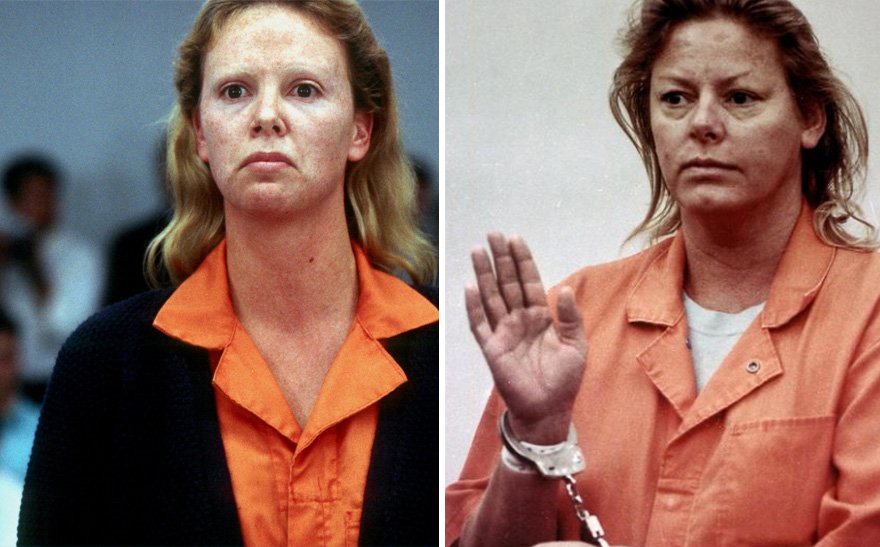 Η Σαρλίζ Θερόν ως Aileen Wuornos αριστερά και η πραγματική Aileen Wuornos δεξιά