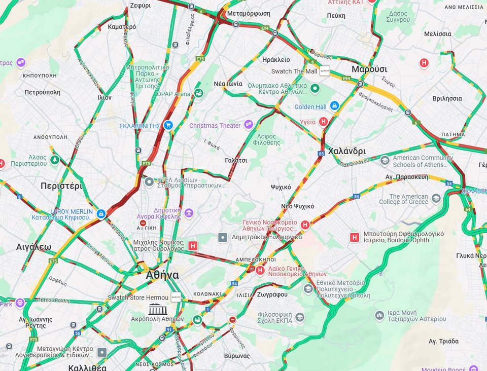 Η κίνηση στους δρόμους της Αττικής στις 8:45 το πρωί της Δευτέρας