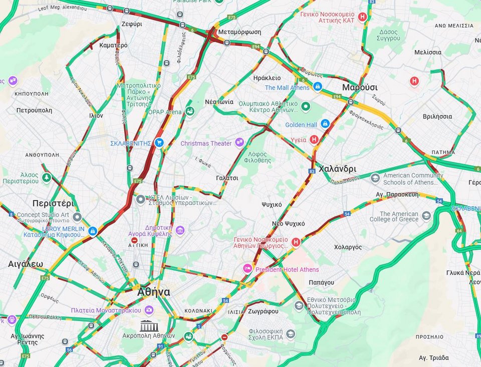 Κίνηση στους δρόμους της Αττικής στις 8:45 το πρωί της Τρίτης