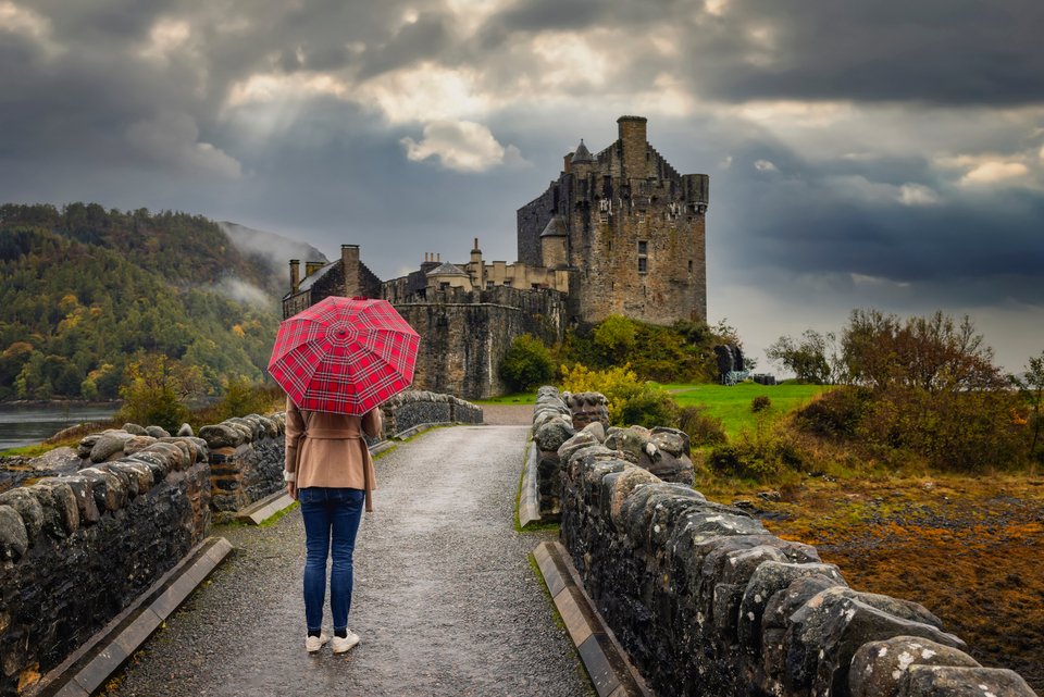 Τουρίστρια στο κάστρο Eilean Donan μια βροχερή φθινοπωρινή μέρα στη Σκωτία
