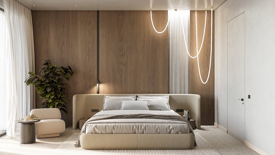 Ξύλο και φως στο υπνοδωμάτιο δημιουργούν ένα εντυπωσιακό σκηνικό.