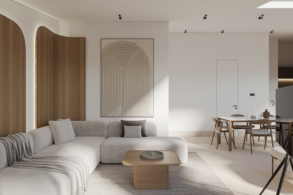 Καθιστικό με ξύλινες επενδύσεις στον τοίχο.