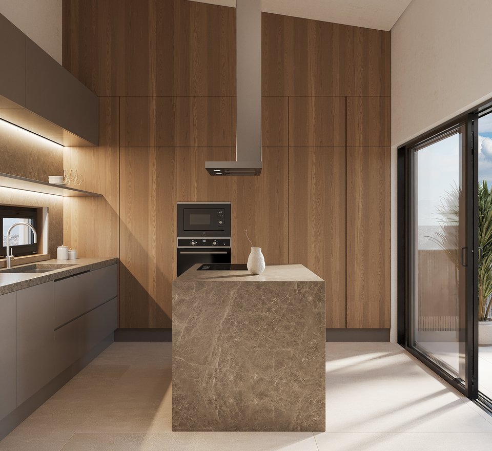 Μία από τις κουζίνες με μαρμάρινη νησίδα.