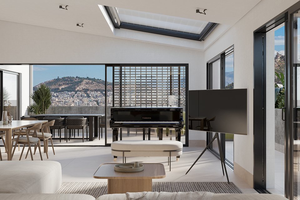 Το εντυπωσιακό ρετιρέ με τα παράθυρα στην επικλινή στέγη.