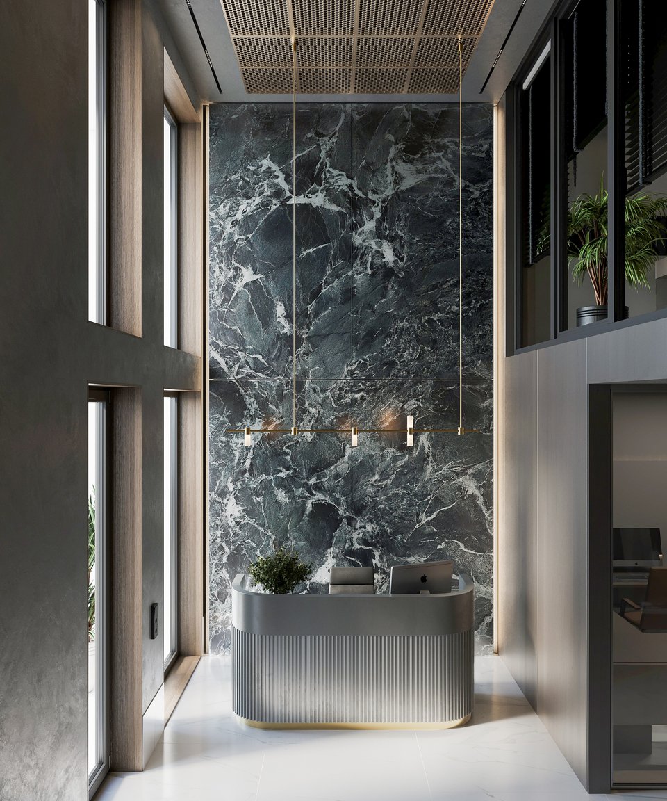 Το μαρμάρινο πολυτελές λόμπι της πολυκατοικίας.