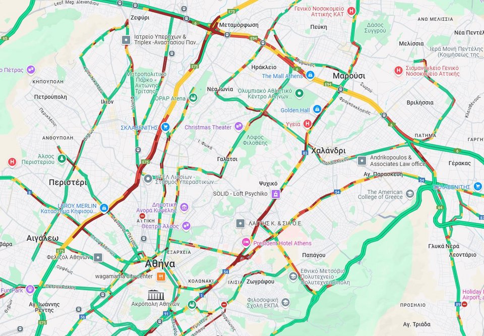 Κίνηση στους δρόμους της Αττικής στις 8:40 το πρωί της Δευτέρας
