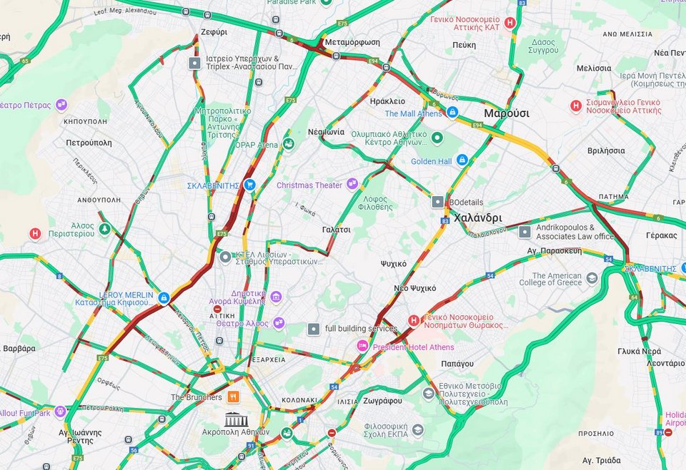 Η κίνηση στους δρόμους της Αττικής στις 8:50 το πρωί της Παρασκευής