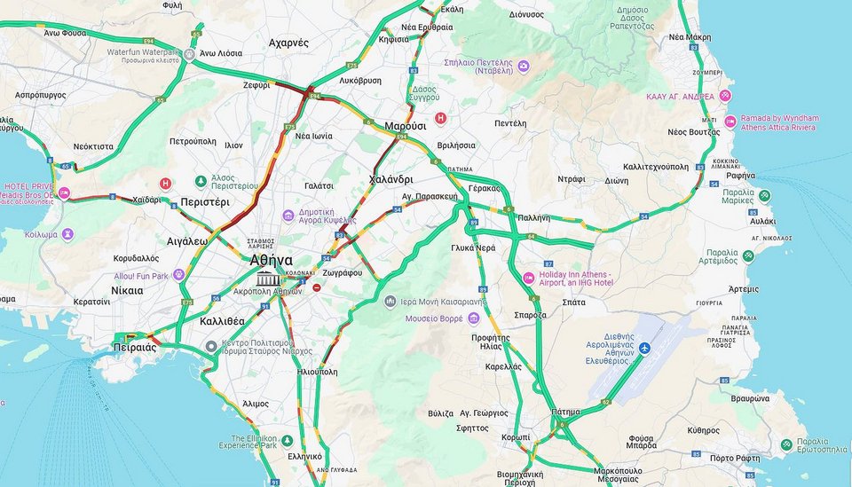 Η κίνηση στους δρόμους της Αττικής έως τις 08:30 /Φωτογραφία: googlemaps