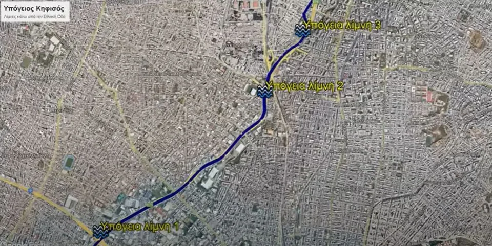 Η απεικόνιση των τριών λιμνών του Κηφισού πάνω στον χάρτη από τη «Γεωμυθική»