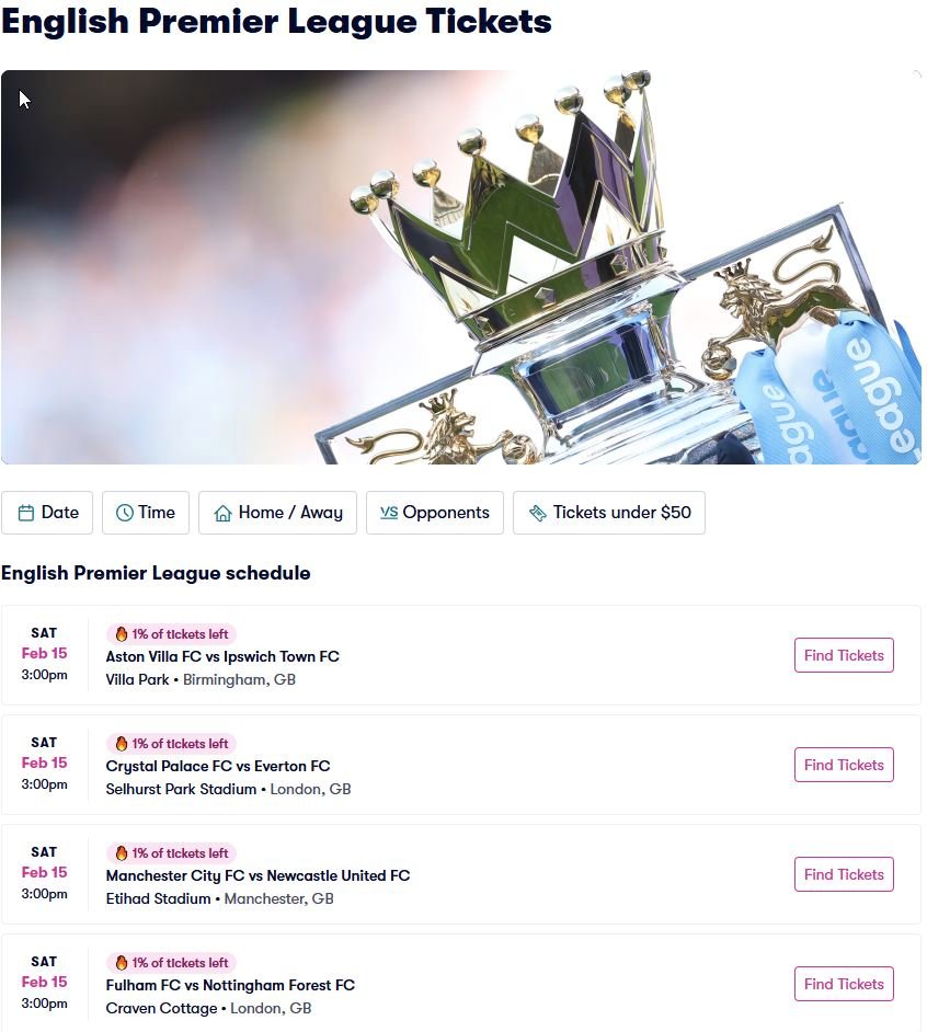 Ενδεικτικά κάποιοι αγώνες της Premier League, εισιτήρια των οποίων πωλούνται στη συγκεκριμένη ιστοσελίδα