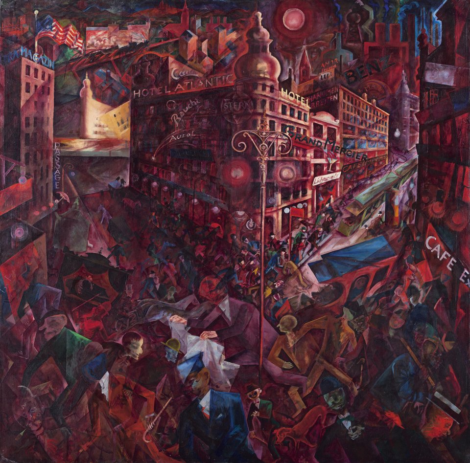 George Grosz, Metropolis, 1916 – 1917. Oil on Canvas. 100 x 102 cm. Museo Nacional Thyssen-Bornemisza, Madrid © Estate of George Grosz, Princeton, N.J. / Adagp, Paris, 2024