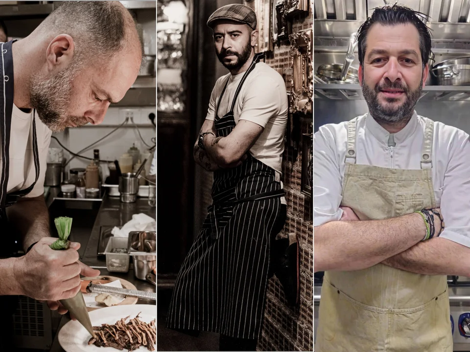 Από αριστερά: Οι σεφ Παναγιώτης Διαμαντής,  Δημήτρης Ριζογαλάς και Μανώλης Πλατέλας συναντήθηκαν στην κουζίνα του Τhe Αmorous Project στην Κηφισιά