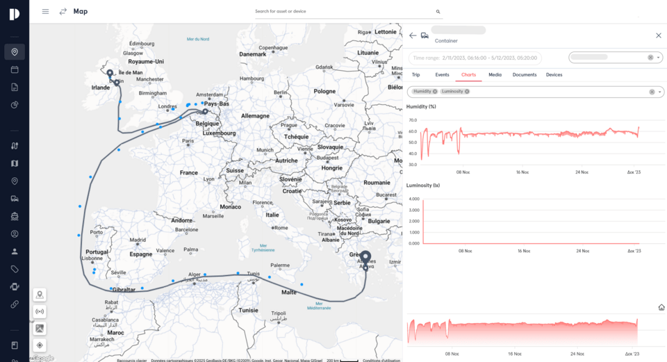 Προεπισκόπηση του Συστήματος Monitoring της PEOPLE που παρουσιάζει την παρακολούθηση της κίνησης, θέσης, υγρασίας και φωτεινότητας του φορτίου. 