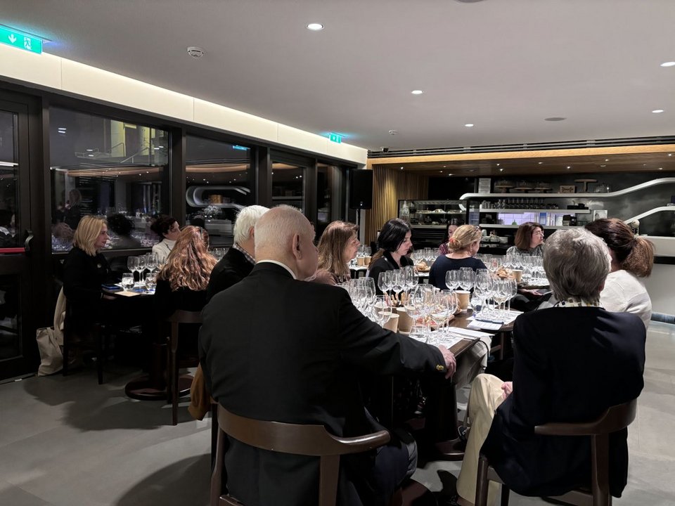 Βραδάκι στο Ίδρυμα Β&Ε Γουλανδρή, μία ομάδα από δημοσιογράφους, καλλιτέχνες, ανθρώπους του κρασιού, μπροστά από νεκρές φύσεις και σε άλλο χώρο μία παλέτα από χρώματα λευκών, orange, κόκκινων οίνων στα ποτήρια
