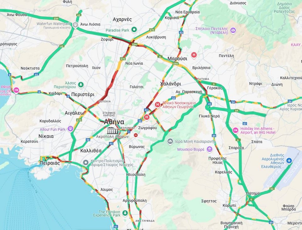 Η κίνηση στους δρόμους της Αττικής στις 8:35 /Φωτογραφία: googlemaps
