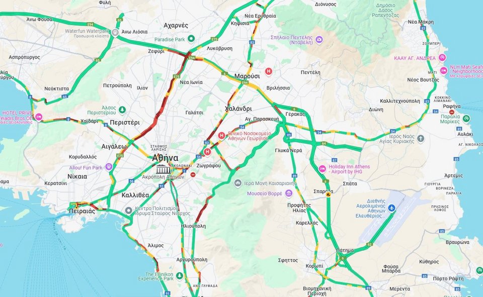 Η κίνηση στους δρόμους της Αττικής έως τις 8:35 /Φωτογραφία: googlemaps