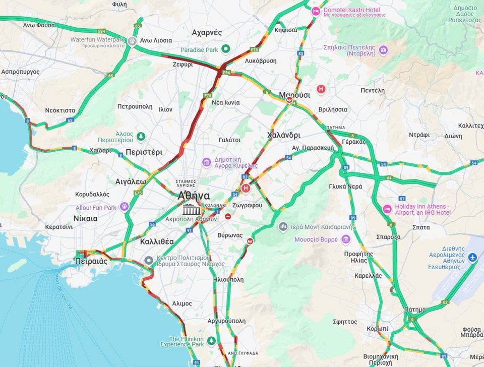 Η κίνηση στους δρόμους της Αττικής έως τις 9:50 /Φωτογραφία: googlemaps