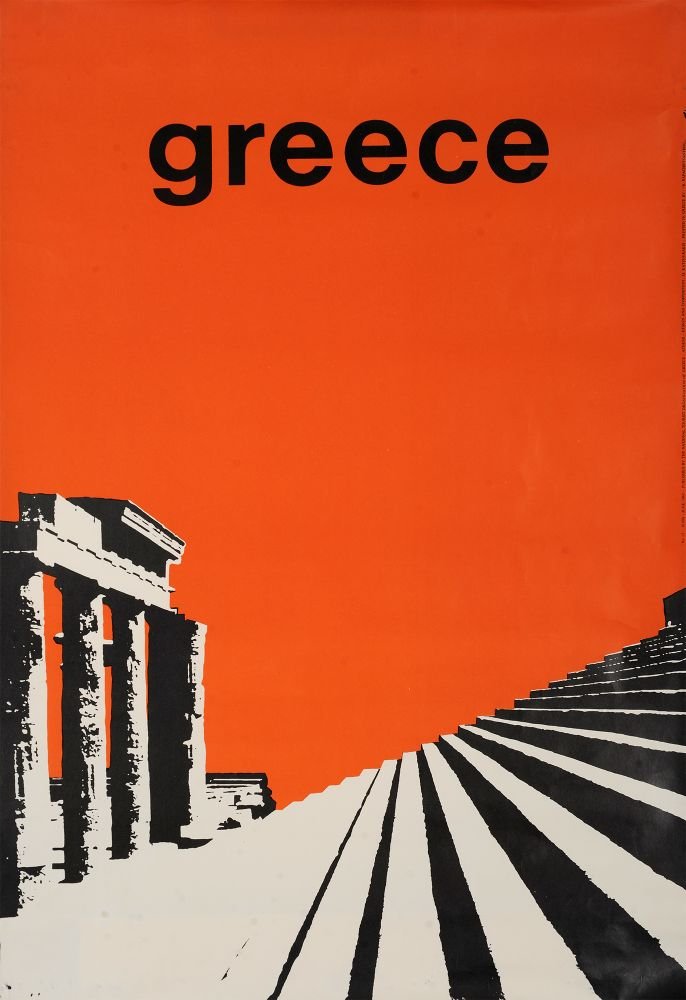 Η Ακρόπολη της Λίνδου. Σχεδιασμός: Μιχάλης Κατζουράκης- Φρέντι Κάραμποτ. Αφίσα του ΕΟΤ, 1963.
