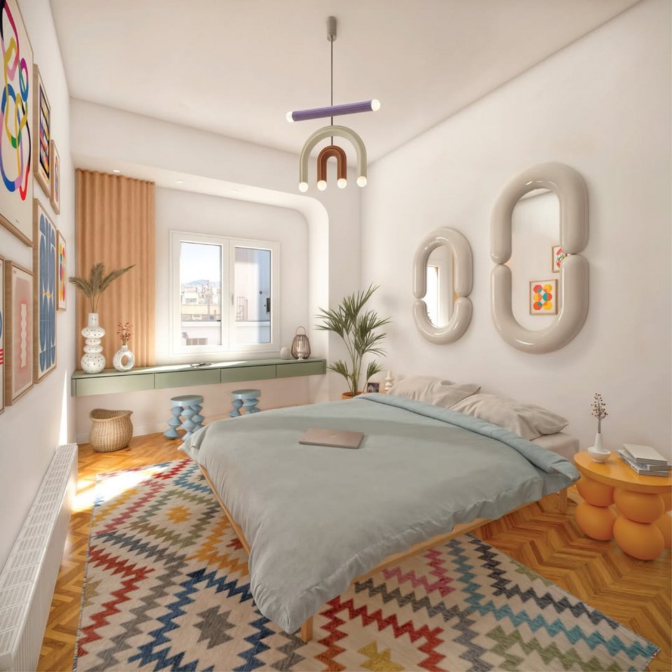 Pop seventies υπνοδωμάτιο στο διαμέρισμα KLTZ στην Καισαριανή που σχεδίασε το γραφείο Studio Spacecraft Architecture / Φωτογραφία: Ρούτχερ Όορ @studio.spacecraft.architecture