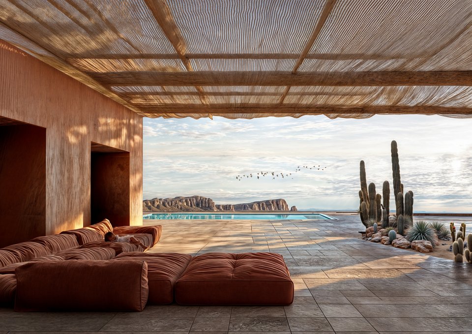 Daybeds πλάι στην πισίνα, στη σκιά της πέργκολας.