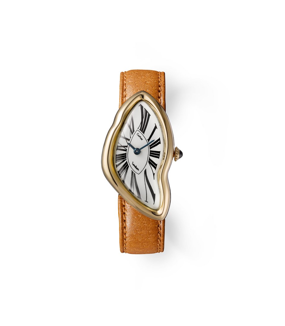 Crash Wristwatch, made by Wright & Davies for Cartier London, 1967. Sapphire, gold, blued steel and leather strap. Vincent Wulveryck, Collection Cartier © Cartier