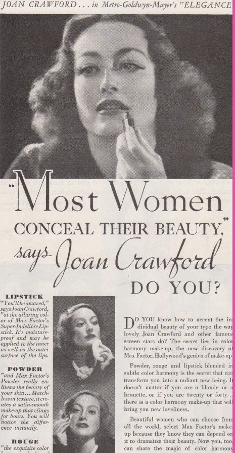 Η Joan Crawford εμφανίστηκε σε διαφήμιση για τη σειρά «Society Makeup» της Max Factor το 1935 / WIKIPEDIA