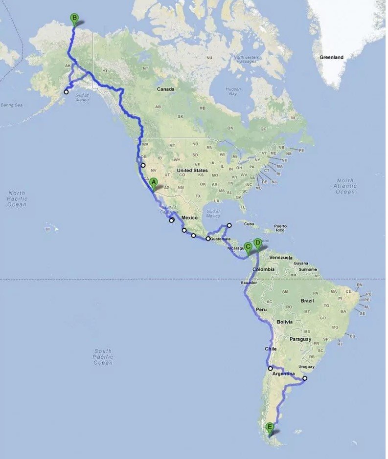 Το ταξίδι ξεκινά από το Prudhoe Bay της Αλάσκας και καταλήγει στην Ushuaia της Αργεντινής, καλύπτοντας σχεδόν 48.000 χλμ. μέσω διασυνδεδεμένων αυτοκινητοδρόμων στη Βόρεια, Κεντρική και Νότια Αμερική / WIKIPEDIA