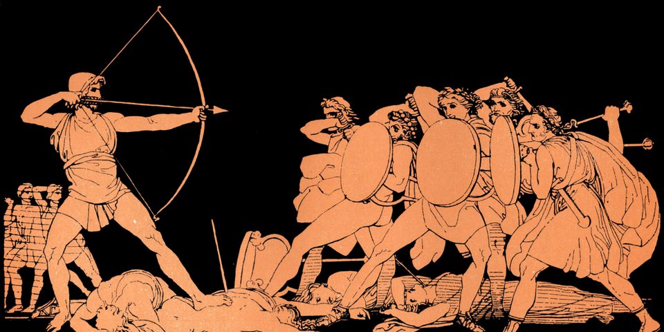 O Οδυσσέας στρέφει τα βέλη του στους μνηστήρες που παρενοχλούν την Πηνελόπη και καταναλώνουν τον πλούτο του / WIKIPEDIA