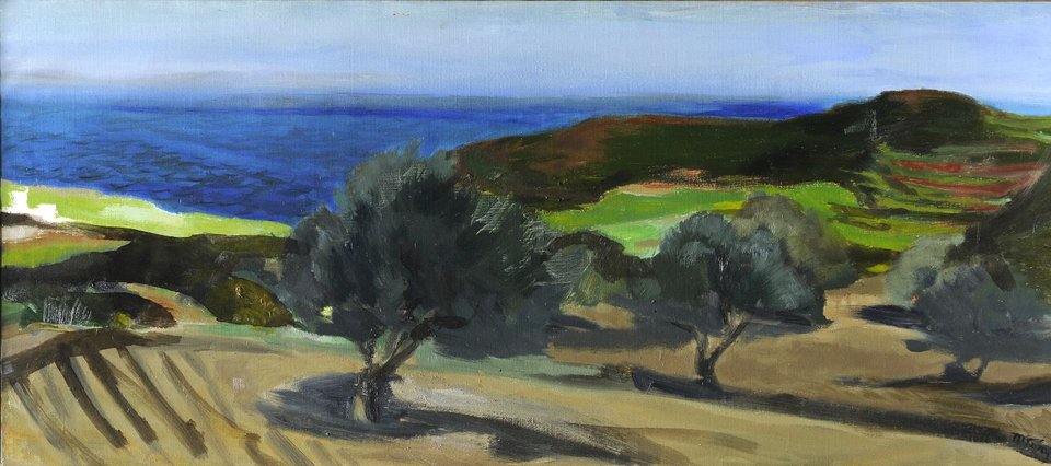 Τέτσης Παναγιώτης (Ύδρα 1925-Αθήνα 2016) Τα δέντρα Λάδι σε μουσαμά Διαστάσεις έργου: 90,3 x 203,3 εκ. Διαστάσεις με πλαίσιο: 92,8 x 205,5 εκ. Δωρεά του καλλιτέχνη
