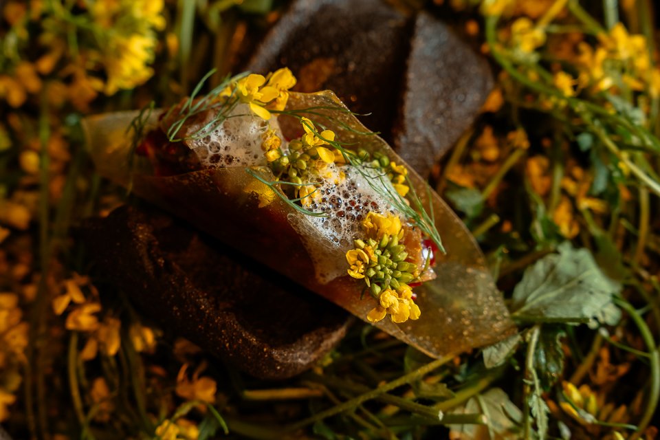 Το finger food από φύλλο σελινόριζας γεμισμένο με ταρτάρ από μοσχάρι ωρίμανσης.