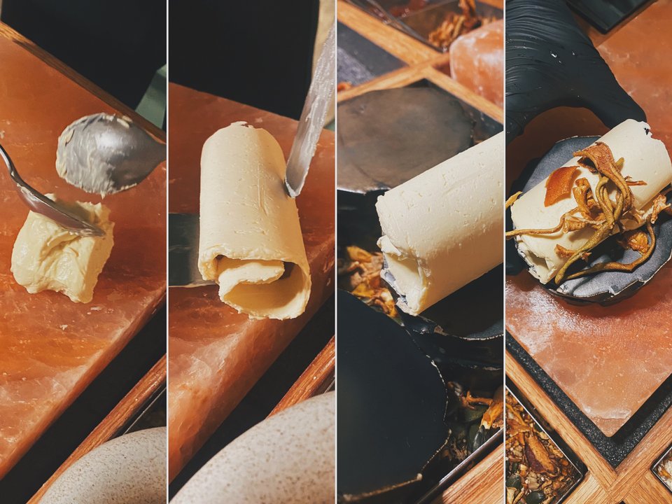 Η κρέμα βουτύρου παγώνει πάνω στην παγωμένη πλάκα από αλάτι Ιμαλαΐων. 